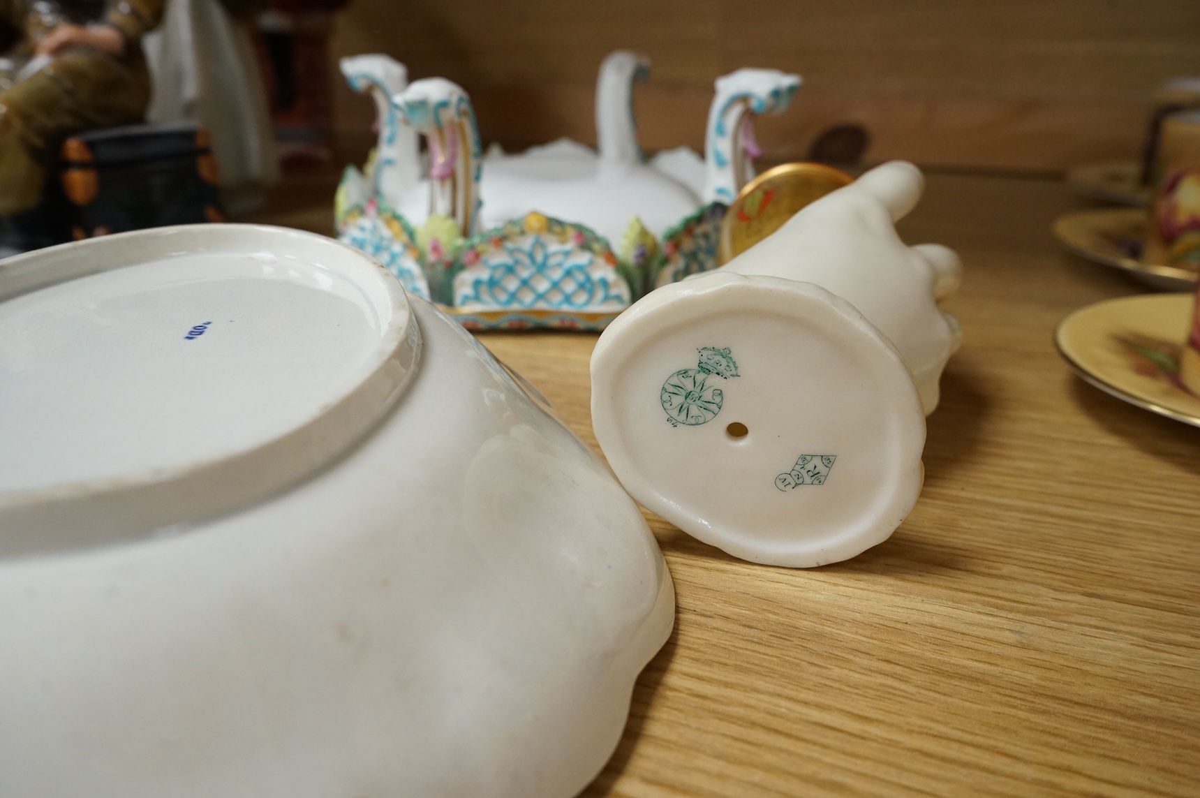 A Victorian Royal Worcester Hadley’s hand vase, a Spode dish and a Meissen style centre piece, largest 27cm wide
